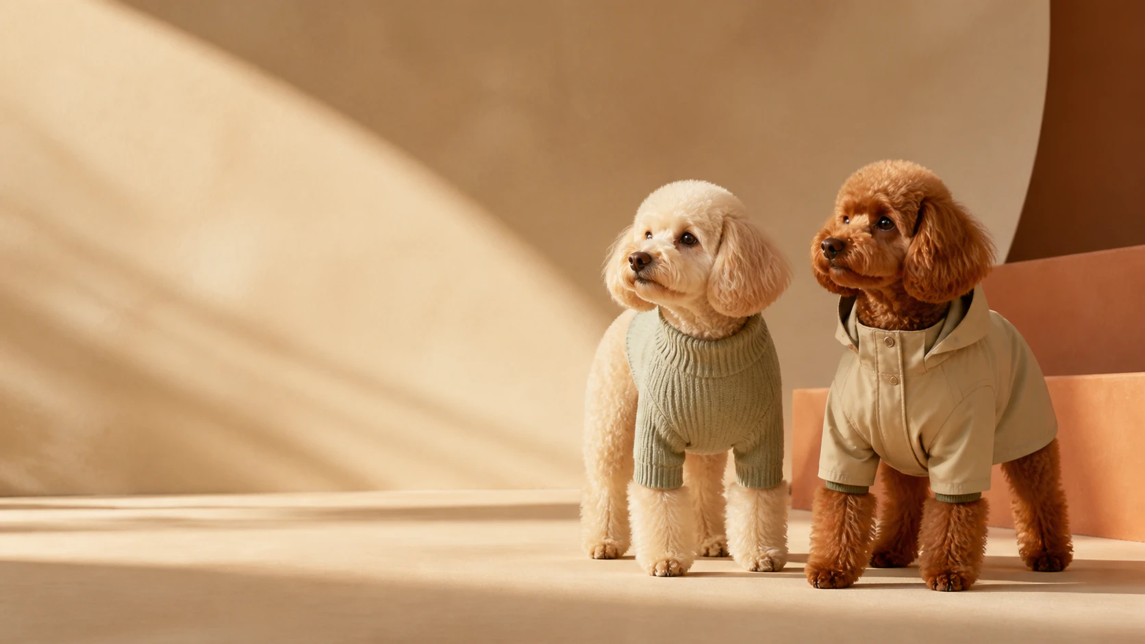 Two dogs wearing refined everyday pet clothing