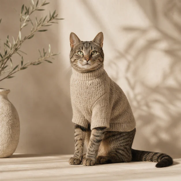 Cat wearing a soft oatmeal sweater