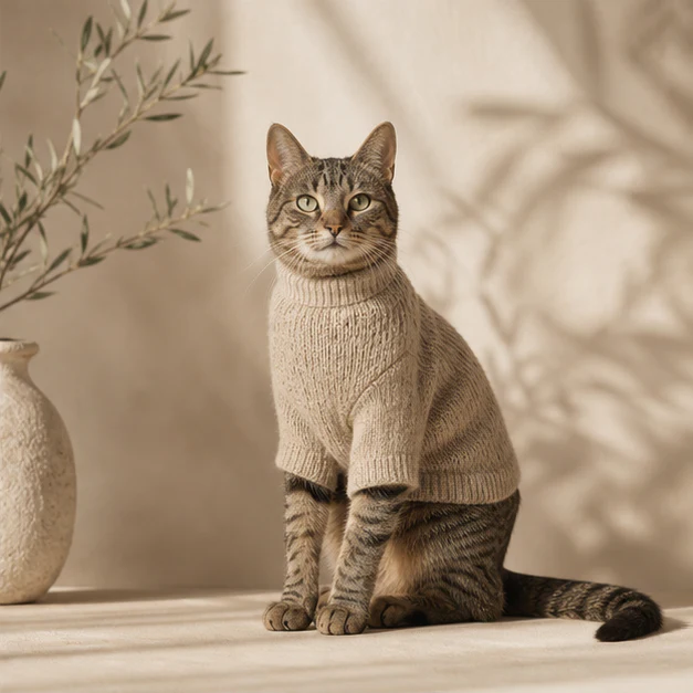 Tabby cat wearing an oatmeal knit sweater