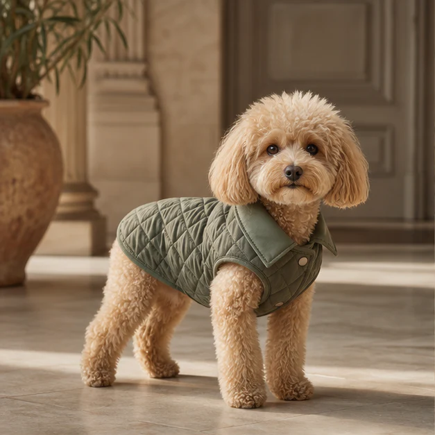 Small dog wearing a sage quilted jacket